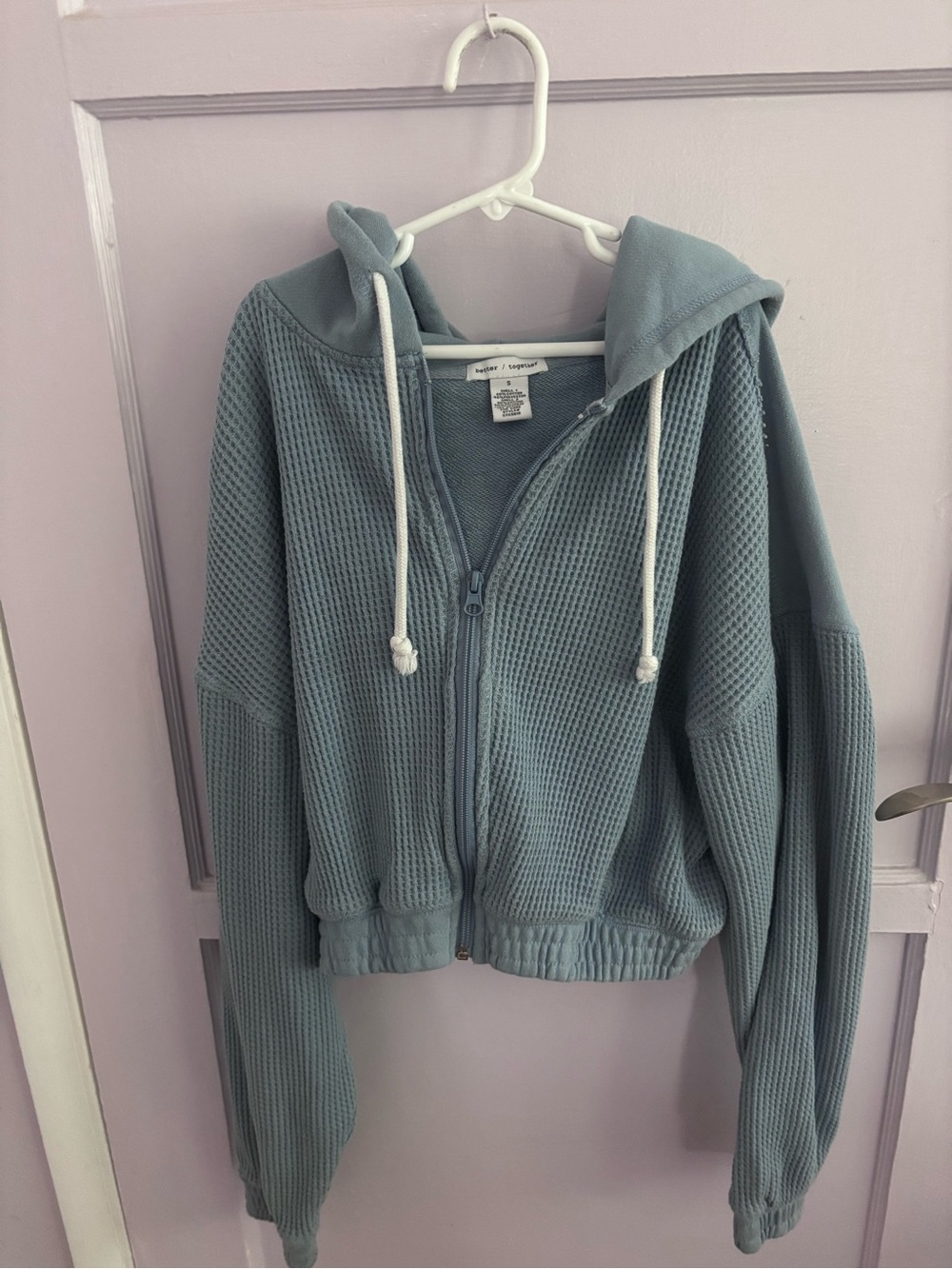 Splendid Waffle-Knit Zip Hoodie in Dusty Blue